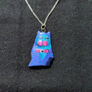 Silver Tone Blue and Pink Painted Wooden Kitty Cat Pendant Statement Necklace